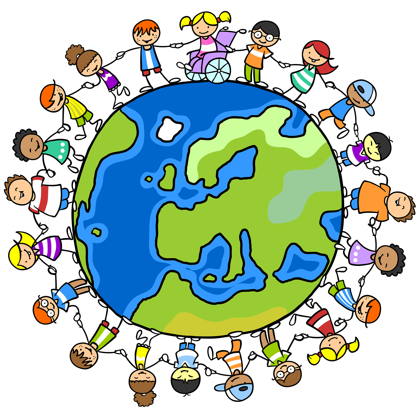 Cartoon of kids around world globe holding hands with girls, boy